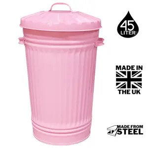 Metal Bin Retro Dustbin Waste Rubbish Bin Rubbish Waste Animal Feed Outdoor or Indoor Bin, Baby Pink Slim Tall Tapered Steel Bin