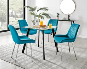 Furniturebox Seattle Scandi Inspired Glass and Black Metal Leg Square Dining Table & 4 Blue Pesaro Velvet Silver Leg Chairs