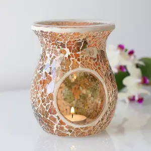 Brown Glass Flared Oil, Wax Melt Burner. Mirrored Crackle Effect. H14 cm