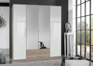 Anzo White Gloss And Oak Effect 4 Door Wardrobe