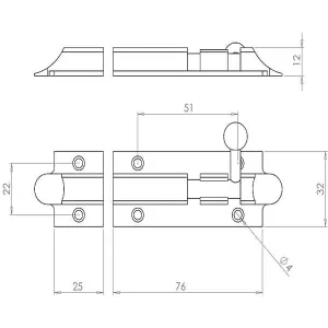 AFIT Polished Chrome Bell Pattern Straight Barrel Bolt 75 x 32mm