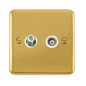 Curved Polished Brass Satellite And Isolated Coaxial 1 Gang Socket - White Trim - SE Home