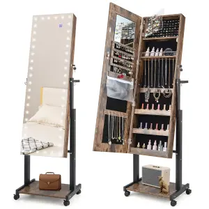 Costway Height Adjustable Jewelry Cabinet Standing Jewelry Armoire w/ 3-Color LED Mirror & Wheels