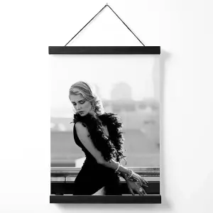 Woman on a Paris Balcony Fashion Black and White Photo Medium Poster with Black Hanger