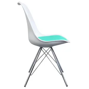 Soho White and Aqua Blue Plastic Dining Chair with Chrome Metal Legs