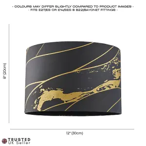 Designer Black Cotton Fabric Lamp Shade with Gold Foil Lines and Waves Decor