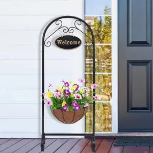 39.5 Inch  Metal Welcome Planter Basket Stand with Coco Liner - Hanging Planter with Decorative Welcome Sign for Outdoor Garden