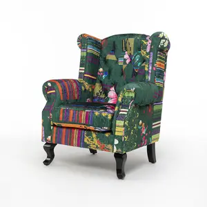 Fabric Green Patchwork Chesterfield Wingback Chair