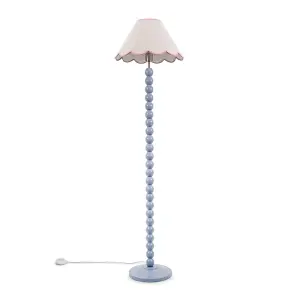 ValueLights Bobbles Powder Blue Bobbin Floor Lamp with Pink Trim Scallop Shade - LED Bulb Included