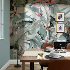 Exotic Flowers Mural In Teal and Green And Pink (300cm x 240cm)