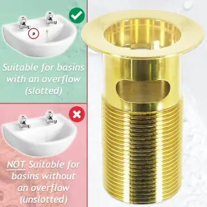 SPARES2GO Sink Basin Waste Luxury Slotted Brass Overflow Plug with Chain and Stay (40mm 1 1/4", Gold Finish)