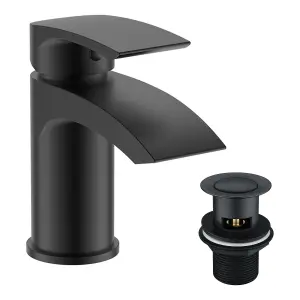 Matt Black Round Thermostatic Overhead Shower Kit with Sleek Basin Tap, Waterfall Bath Filler, and Pop Up Bath Waste