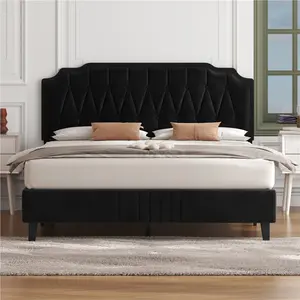 Upholstered Bed Frame with with Button-Tufted Headboard Black / Double