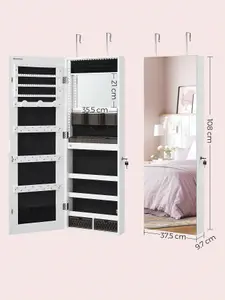 SONGMICS Wall Mounted Jewellery Cabinet Organizer With LED Lights, Storage Cupboard, Built-In Makeup Mirror, White