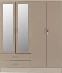 Nevada 4 Door 2 Drawer Mirrored Wardrobe in Oyster Gloss and Oak Effect Finish