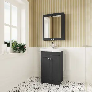 Traditional Floor Standing 2 Door Vanity Unit with 1 Tap Hole Fireclay Basin, 500mm - Soft Black