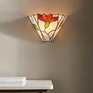 Tiffany Glass Floral Design Wall Light - Dark Bronze Effect - Dimmable LED Lamp