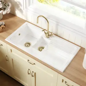 101cm Inset Counter Top 1.5 Bowl Fireclay Ceramic Kitchen Sink - White