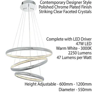 LED Ceiling Pendant Light 47W Warm White Chrome & Crystal 3 Ring/Hoop Strip Lamp