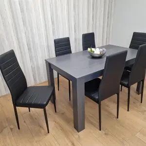 Dining Table and 6 Chairs  Black Dark Grey 6 Black Leather Chairs Wood Dining Set Furniture