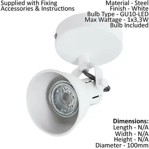 Wall Spot Light White Steel Wall Plate and Lamp Shade Bulb GU10 1x3.3W Included