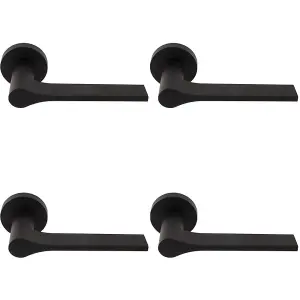 4 PACK - Contemporary Flat Door Handle Set - Matt Black Sleek Lever on Round Rose