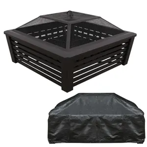 35" Square Outdoor Fire Pit, Mesh Screen Lid, Black with Water Resistant Drawstring Cover - DG238