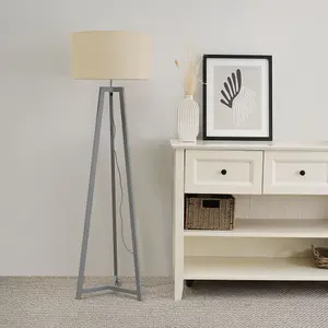 ValueLights Lottie Grey Wood Tripod Floor Lamp with Natural Drum Shade - LED Bulb Included