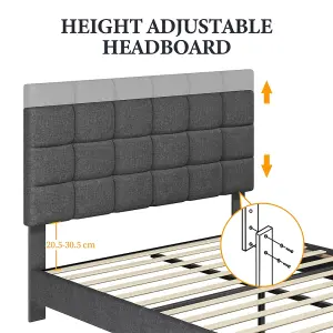 Yaheetech Dark Grey 4ft6 Double Upholstered Bed Frame with Square Tufted Adjustable Headboard and Wooden Slats Support