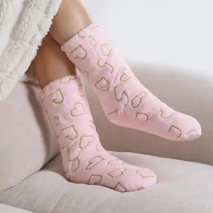 Heart Teddy Fleece Womens Bed Socks Fluffy 2 Pairs Sherpa Non Slip Sole, Blush