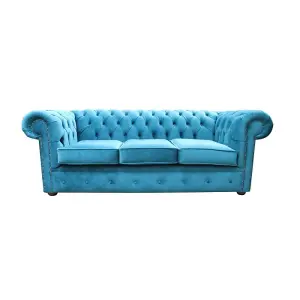 Chesterfield Original 3 Seater Sofa Amalfi Peacock Blue Velvet Fabric In Classic Style