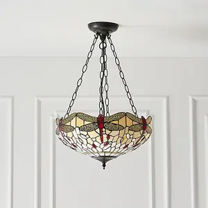 Luminosa Dragonfly Tiffany 3 Light Medium Inverted Ceiling Pendant Bronze, Beige