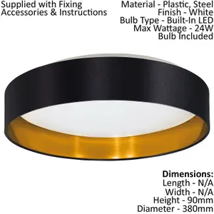 Flush Ceiling Light Colour White Shade Black Gold Fabric Bulb LED 24W Included