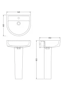 Mila Ceramic D Shape Basin & Full Pedestal (Tap Not Included), 520mm - Balterley