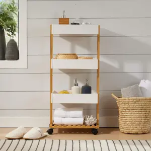 Home Source Oxford Bamboo 4 Tier White Utility Trolley Kitchen Bathroom Organiser Unit