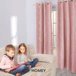 Deconovo Thermal Insulated Blackout Curtains Silver Wave Foil Printed Eyelet Curtains Coral Pink W66 x L54 Inch One Pair