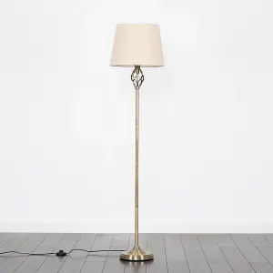 ValueLights Memphis Traditional Style Antique Brass Barley Twist Floor Lamp with Beige Light Shade