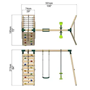 Rebo Wooden Swing Set with Up and Over Climbing Wall - Isla Green