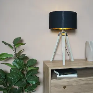 ValueLights Clipper Modern Distressed Wood and Silver Chrome Tripod Table Lamp with Black Gold Drum Shade