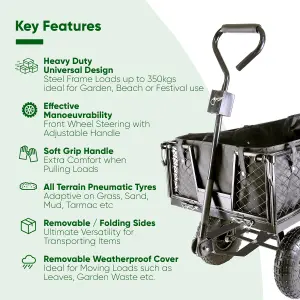 Garden TRAILER Cart Pull Along Trolley 350kg Heavy Duty Black Mesh Utility Gardeners Wagon with Removable Liner & Folding Sides