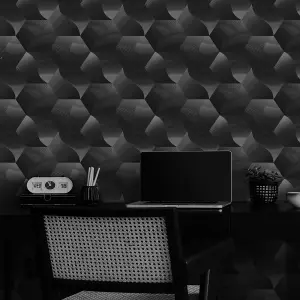 Erismann 3D Geometric Metallic Geo Textured Hexagon Wave Wallpaper Feature Wall Charcoal Silver Grey 339573