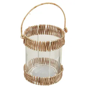 Interiors by Premier Natural Rattan Small Lantern, Rustic and Stylish Glass Lantern, White Metal and Clear Glass Candle Lantern