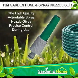 Garden Hose & Spray Nozzles 5 Piece Set 15m Reinforced Pipe Roots & Shoots