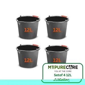 Set of 4 12L Gallon Black Plastic Bucket with Handles -Sturdy Water Bucket Big Bucket with Measuring - Ideal for Home and Garden