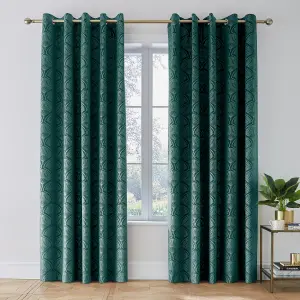 Catherine Lansfield Art Deco Pearl 66x90 Inch Lined Eyelet Curtains Two Panels Teal Green