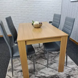 Dining Table and 4 Chairs Oak Effect Wood 4 Grey Leather Chairs Dining Room