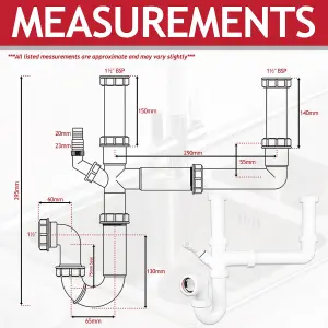 SPARES2GO Double Bowl Sink Waste Kitchen Washing Machine Dishwasher P Trap Kit (40mm / 1.5")