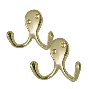 2 Pack of Brass Double Coat Hooks Door & Wall Robe Dress Garment Hangers