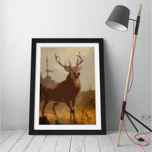 Red Stag Animal - Single Picture Frame Painting on Canvas Black Framed / 47cm H x 35cm W x 2cm D