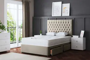 Seraphine Beige Upholstered Divan Bed with Headboard and Two Drawers Super King